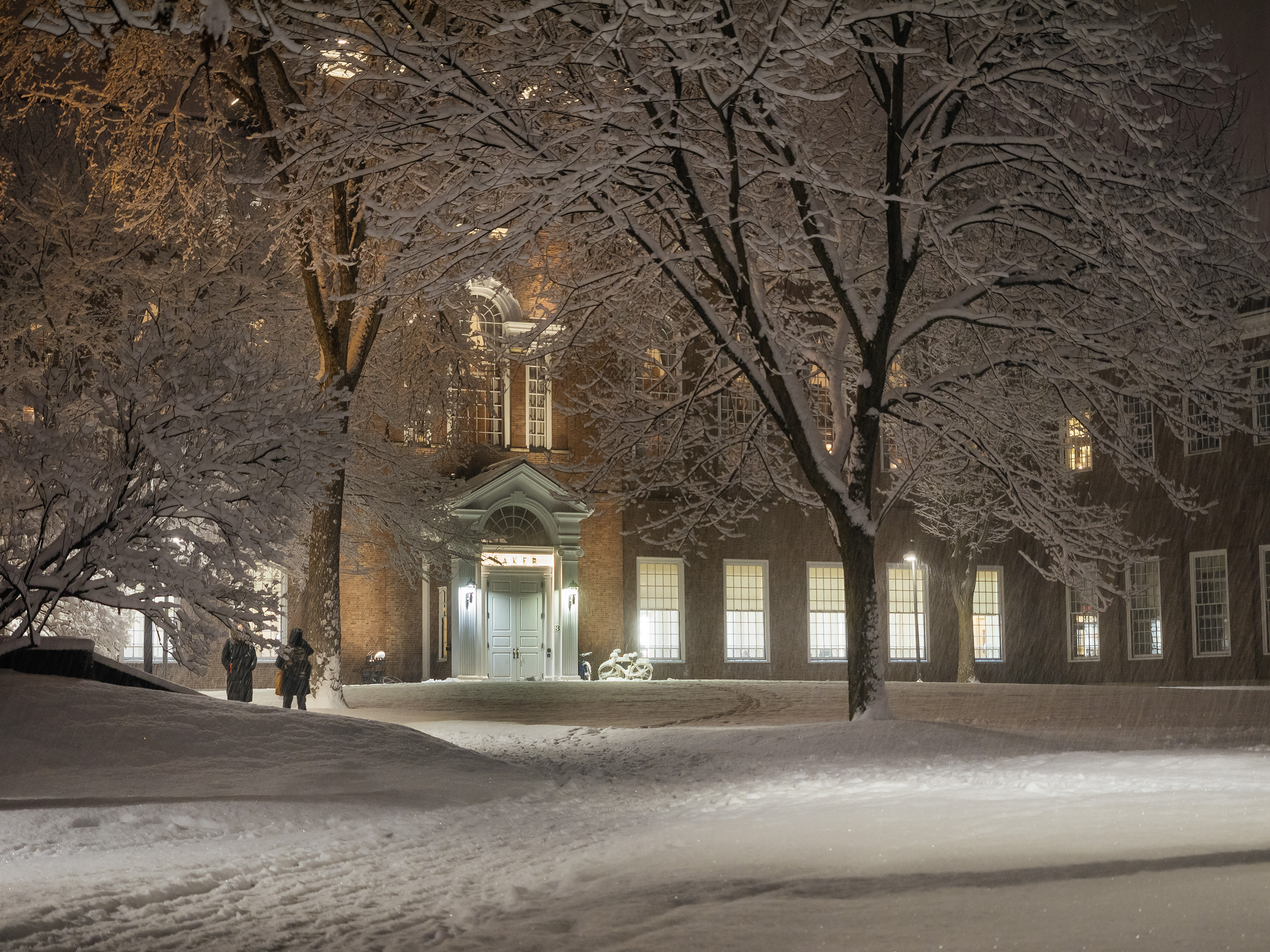 Baker Tower during a snowstorm